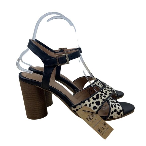 Crevo Women’s Black Spotted Leather Cow Hair Katnis Heeled Sandals Sz 7.5 - New - Picture 7 of 11